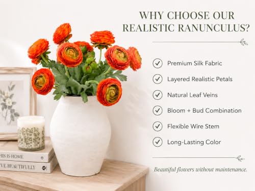 Orange Artificial Ranunculus Flowers with Real Touch Stem (Orange / 10)