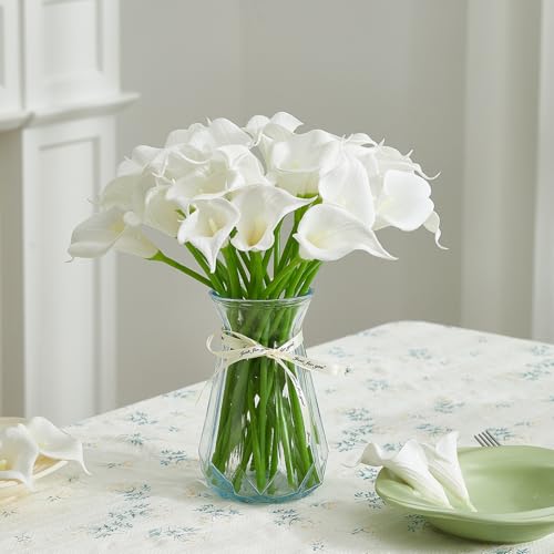30 PCS Artificial Calla Lily Flowers Bouquet Faux Branches for Vase Fake Flower 14" Real Touch for DIY Mother's Day Wedding Party Decoration Pure White (White)