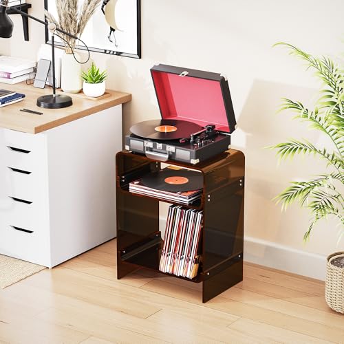 Acrylic Record Player Table with Storage Shelf (Dark Brown / Large)