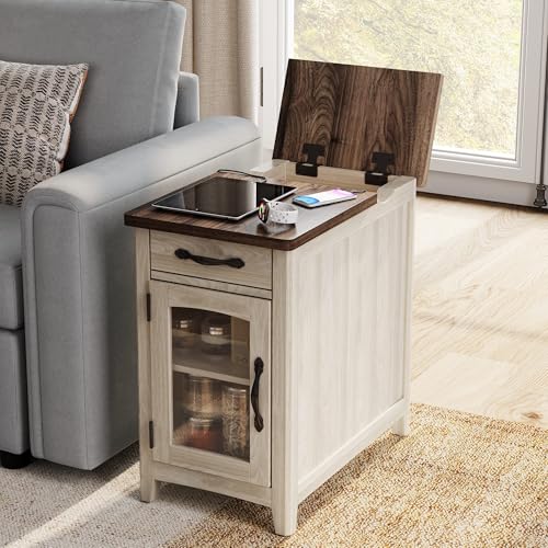 End Table with Charging Station (Washed Grey and Brown / Glass Door)