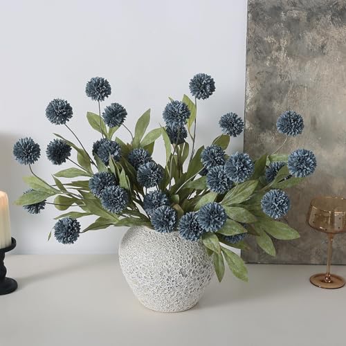 6 Pcs 27"Artificial Pompon Mum Silk Flower Stems for Vase (Dark Blue)