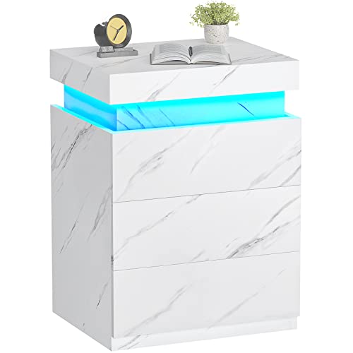 Modern Nightstand with LED Lights (White Marble)