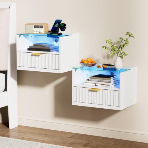 Modern Floating Nightstand Set of 2 with Charging Station & Light (White)
