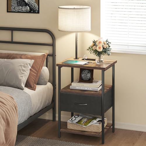 Nightstand with Lights Bedside Table with 3 Color Temperatures Bulb (15.7"D x 11.8"W x 23.5"H (1 drawer) / Power+Lamp (1pc) / Rustic Brown & Black)