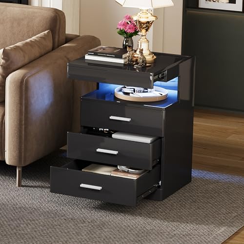 Led Nightstand with Hidden Space & Charging Station (Black)