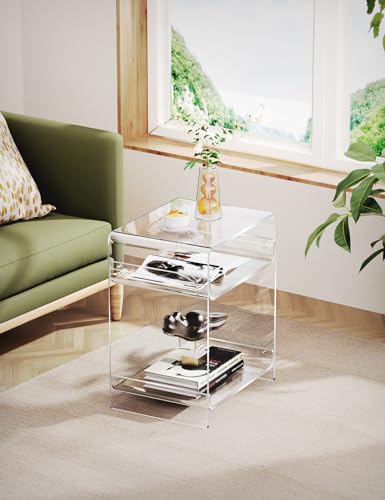 Acrylic End Table Record Player Table with Storage Shelf Clear Side Table Nightstand (Clear)