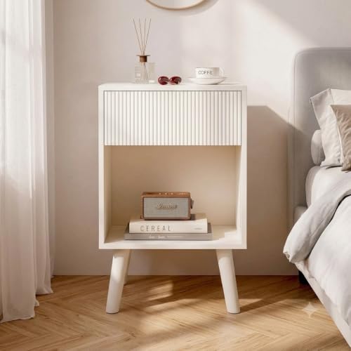 Nightstand Modern Bedside Table with Storage Drawer and Open Wood Shelf (White)