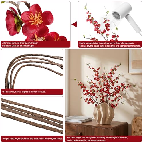Artificial Cherry Blossom Branches Fake Plum Blossom 35.4''Fake Flowers Cherry Blossoms Faux Flowers Long Stem Artificial Flowers for Tall Vase for Indoor Home Decoration (Red)