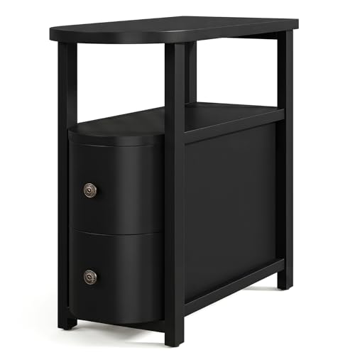 Solid Wood End Table with 2 Drawers & Open Shelf (Black)