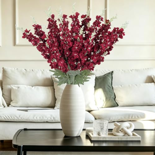 16Pcs Burgundy Delphinium Artificial Flower 33.5''Long Stem Burgundy Flower (Red)