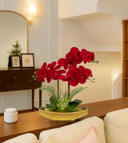 Orchid Artificial Flowers 17" Silk Red Orchid Floral Arrangement with Gold Pot Real Touch Faux Orchid Plant for Home Office Room Kitchen Table Centerpiece Shelf Decor (Red Gold)