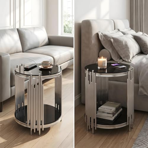 19.7''D Round Glass Side End Table with 2 Tiers (Silver & Black)