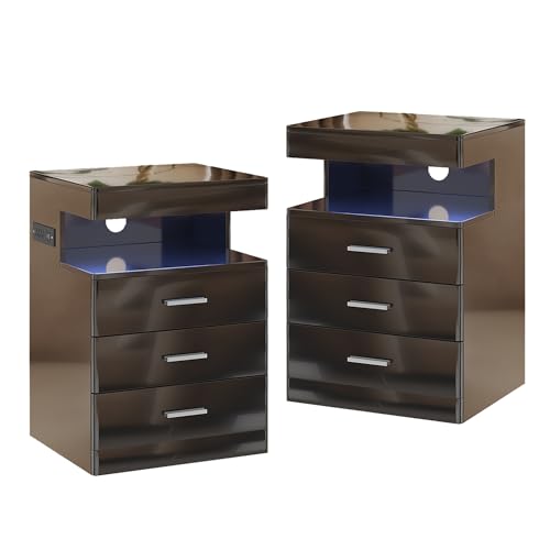 Led Nightstand with Hidden Space & Charging Station (Black)