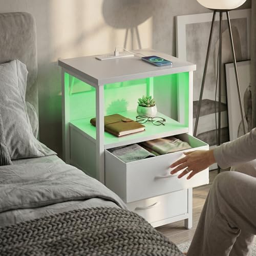 Night Stand with Charging Station (15.7"D x 11.8"W x 23.6"H (2 drawers) / Power+Light (1pc) / White)