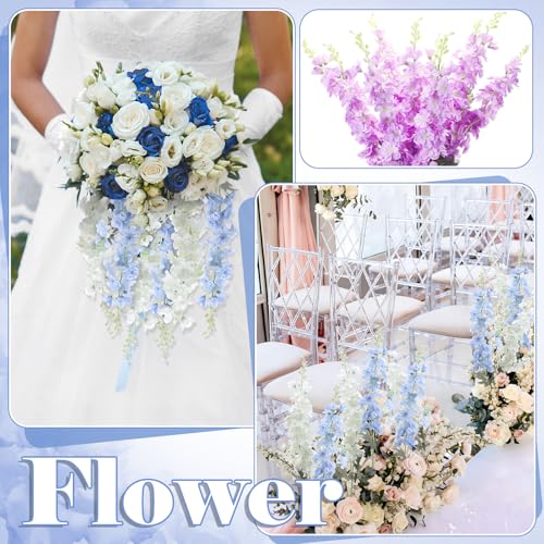 24 Pcs Blue White Delphinium Artificial Flower Bulk (34.25" / Blue, White)