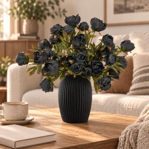 12 PCS 18" Faux Peonies Artificial Flowers Silk Flowers for Vase (Charcoal Black / 12P)