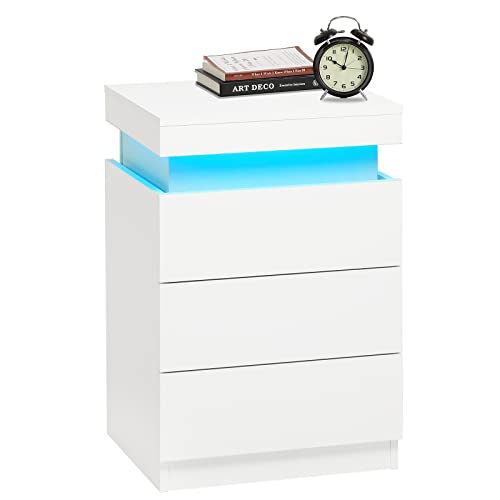 White Nightstand with Charging Station and LED Lights (White)