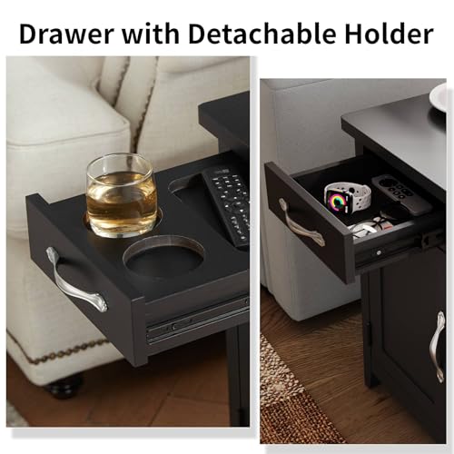 Set of 2 Charging End Tables with USB (Black / Glass Door)