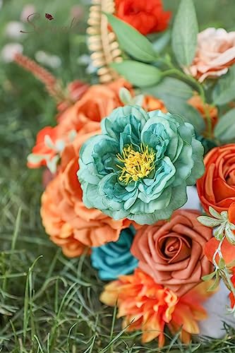 Teal Burnt Orange Silk Flowers Fall Artificial Flowers for Wedding (A Athens Orange Teal Blue / 2 Boxes)