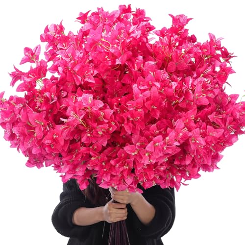 60 Pack Artificial Bougainvillea Bulk Silk Flower (Rose Red,)