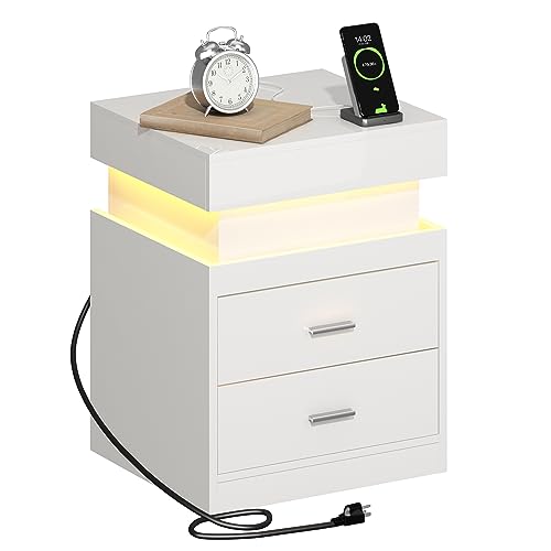 LED Nightstand with Charging Station and Sliding Storage (White / 1 Pack)