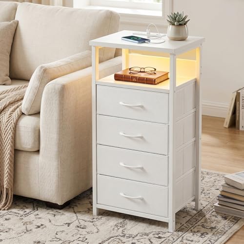 Night Stand with Charging Station (15.7"D x 11.8"W x 33.1"H (4 drawers) / Power+Light (1pc) / White)