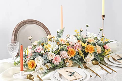 Artificial Wedding Flowers Bouquets Centerpieces Faux Flowers Combo for Fake Flowers with Leaves DIY Floral Arrangements Bridal Baby Shower Home Decor (White Yellow)