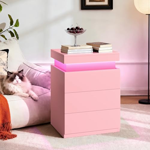 Pink Nightstand with Charging Station and LED Lights (Pink)