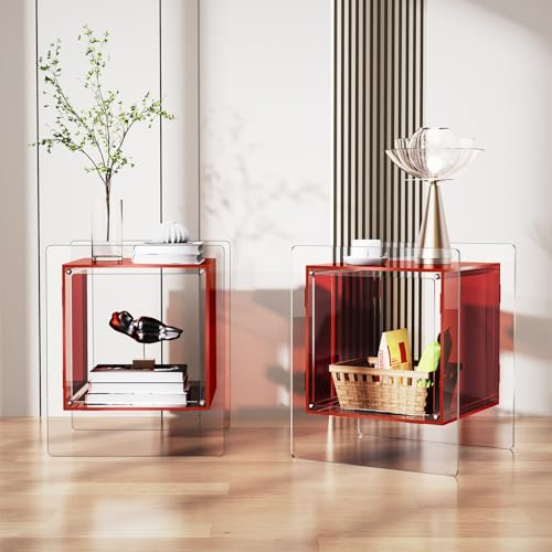 Acrylic Nightstand Colorful Bedside Table with Open Storage Shelf (Red)