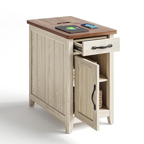 Set of 2 Charging End Tables with USB (Washed Grey and Brown / Wood Door)