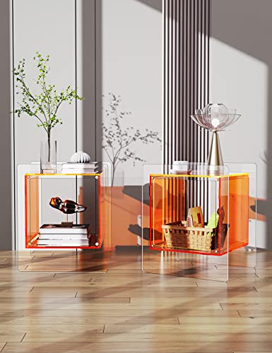 Acrylic Nightstand Colorful Bedside Table with Open Storage Shelf (Orange)