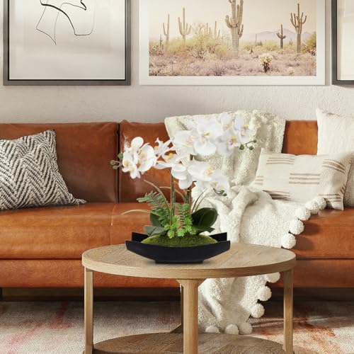 Orchid Artificial Flowers 15in White Fake Orchid Silk Flowers with Black Pot Faux Phalaenopsis Arrangement for Home Office Room Table Centerpiece Modern Decor (Black White)