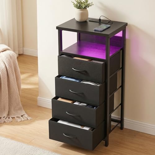 Night Stand with Charging Station (15.7"D x 11.8"W x 33.1"H (4 drawers) / Power+Light (1pc) / Black)