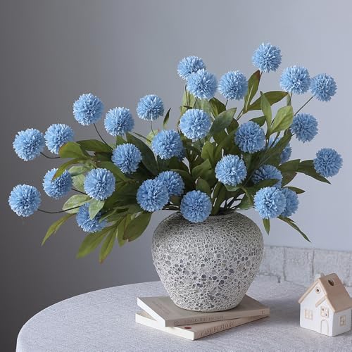 6 Pcs 27"Artificial Pompon Mum Silk Flower Stems for Vase (Dusty Blue)