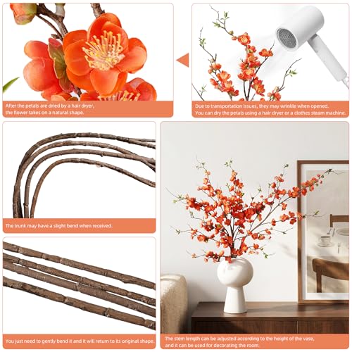 4PCS Cherry Blossom Branches Artificial Plum Blossom Fake Flowers Silk Flowers 35.4'' Artificial Flowers Long Stem Artificial Flowers for Tall Vase for Indoor Home Decoration (Orange)