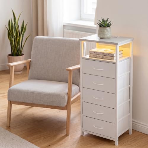 Night Stand with Charging Station (15.7"D x 11.8"W x 39.3"H (5 drawers) / Power+Light (1pc) / White)