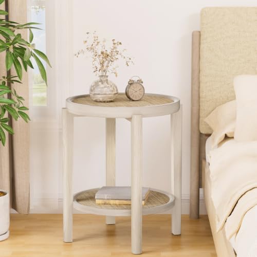 Rattan Round Side Table End Table with Storage Shelf (Creamy White, Round)