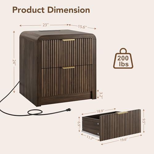 23'' Wide Fluted Nightstand Set of 2 with Charging Station (Walnut / 2 Drawers)