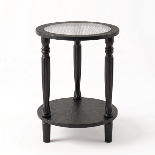 Matte Black Round 2‑Tier Mid‑Century Modern End Table with Glass (Black)