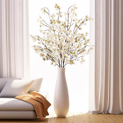 4 Pcs Artificial Cherry Blossom Flower Branches (White-mrz)