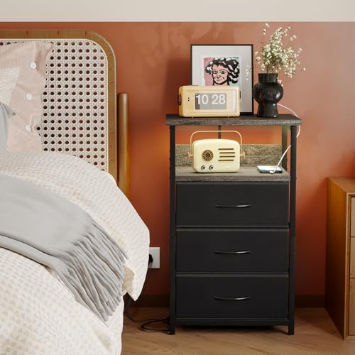 Night Stand with 3 Fabric Drawers (15.7"D x 11.8"W x 26.9"H (3 drawers) / Power+Light (1pc) / Charcoal Gray)