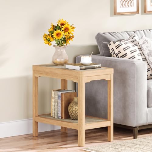 Rattan Side Table End Table Nightstand Set of 2 with Round Edge (Natural Oak, Round Edges)