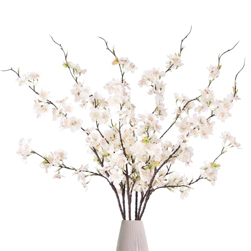Artificial Cherry Blossom Branches Decor 6 PCS Fake Flowers Indoor (6pcs-29.92 Inch White)