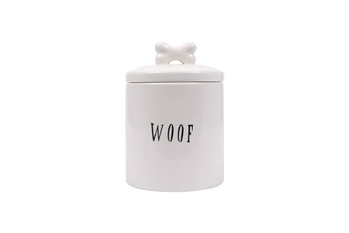 Ceramic Dog Treat Jar with Woof Message and Bone Handle Lid