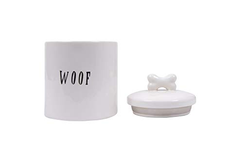 Ceramic Dog Treat Jar with Woof Message and Bone Handle Lid