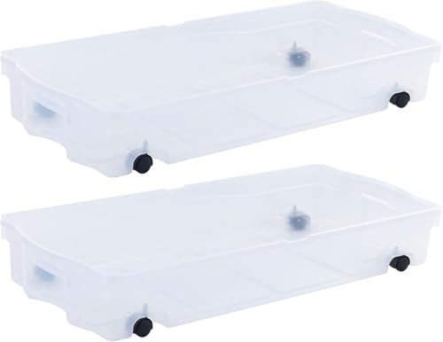 68 Quart Under the Bed Low Profile Storage Boxes with Dual Hinged Lids and Easy Rolling Caster Wheels (2 Count)