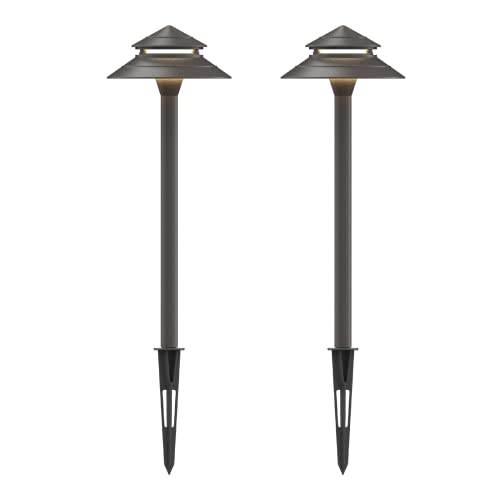 Pathway Lights 3W LED 2PK Outdoor Low Voltage Landscape Lighting 180 Lumen Hardwired 2 Tier Pagoda Path Lights 3000K Warm White Metal 12V Electric Sidewalk Walkway Light with Connectors (2 Count)