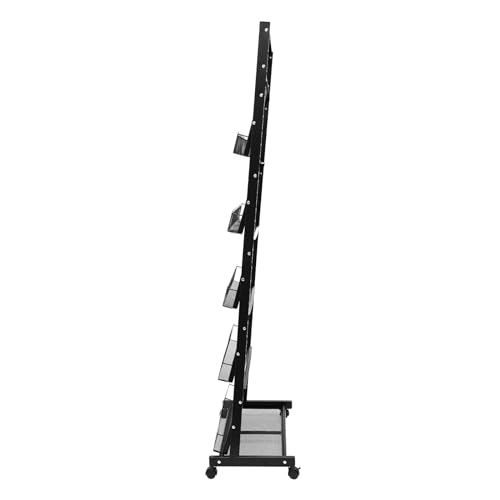 5 Tier Magazine Rack Floor Standing Brochure Display Stand with Universal Wheels & Brakes Metal Magazine Display Rack for Office