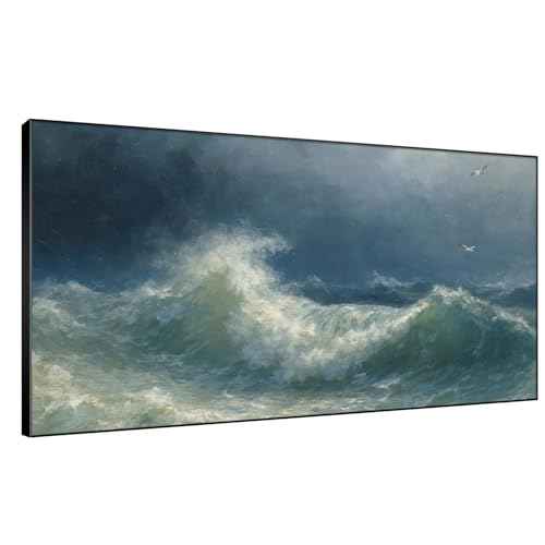 36"x72" Extra Large Framed Wall Art Dramatic Ocean Waves with Stormy Sky and Seagulls for Home Living Room Bedroom Decor