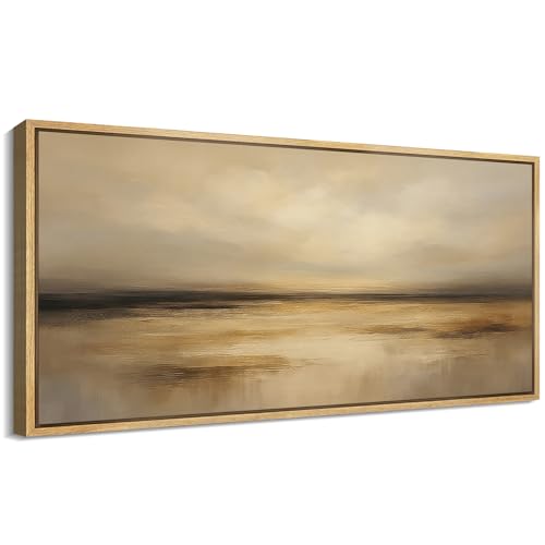 Extra Larg Framed Canvas Print Wall Art Golden Sunset Horizon Abstract Modern Neutral Illustrations Decorative Colorful for Bedroom